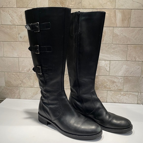 ECCO Leather Riding Boots Hobart Knee High Buckle Accent Black Size 38‎ - Picture 1 of 11
